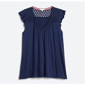 Mason & Belle Womens Lace Yoke Ruffle Detail Knit V-Neck Davina Top Navy Small